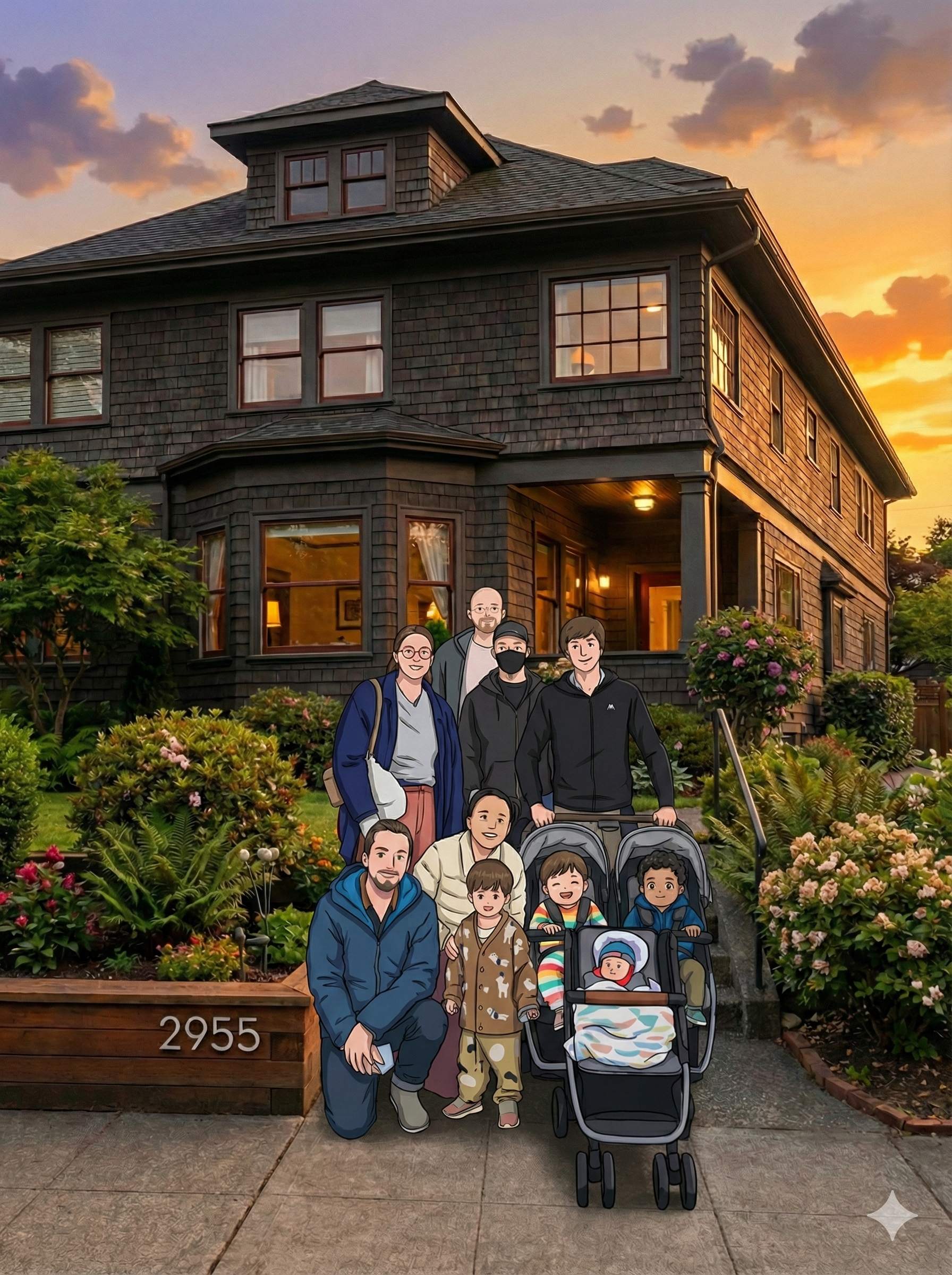 Community members gathered in front of the Elmwood home at sunset