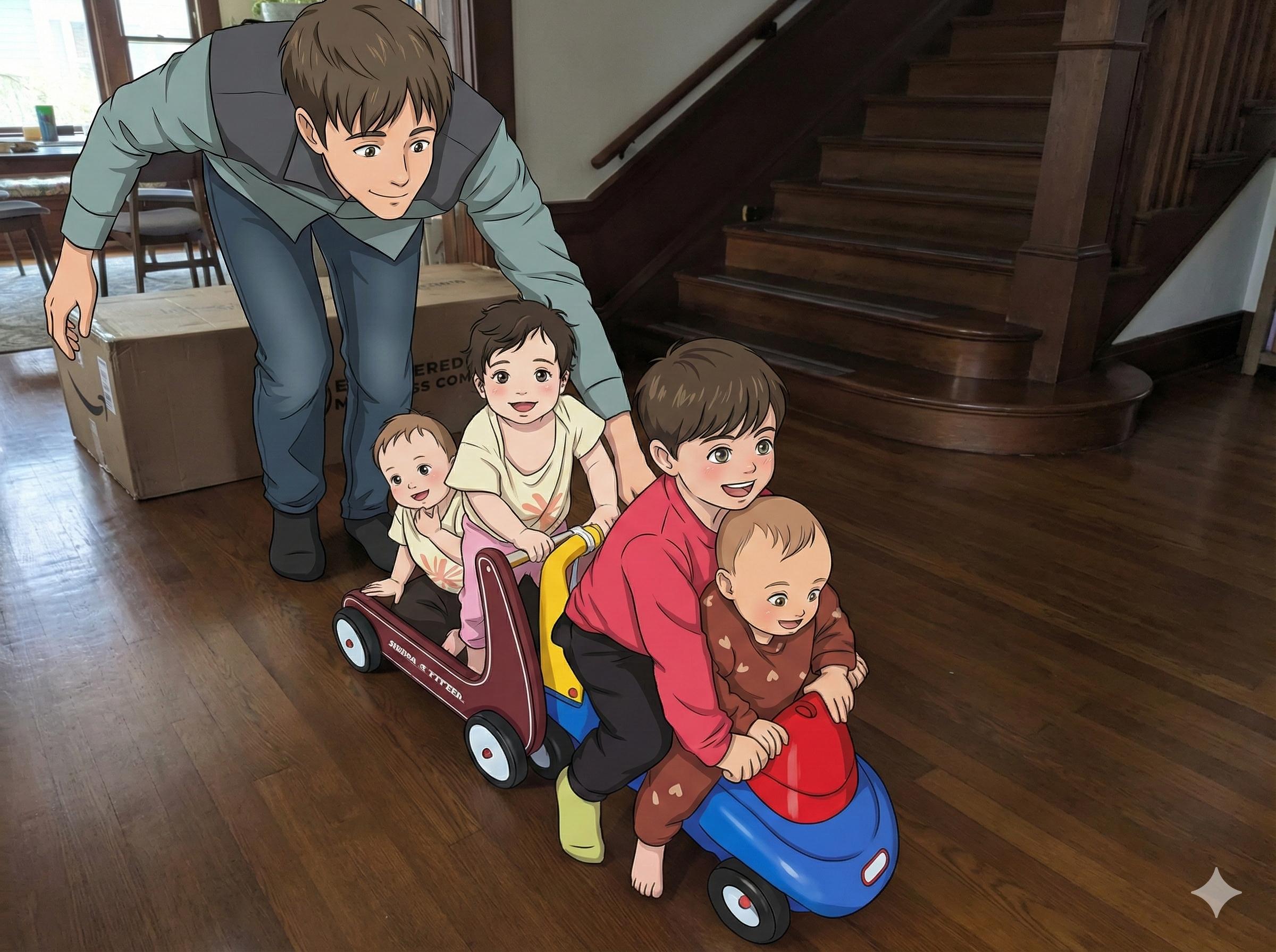 Father playing with children on ride-on toys in the home